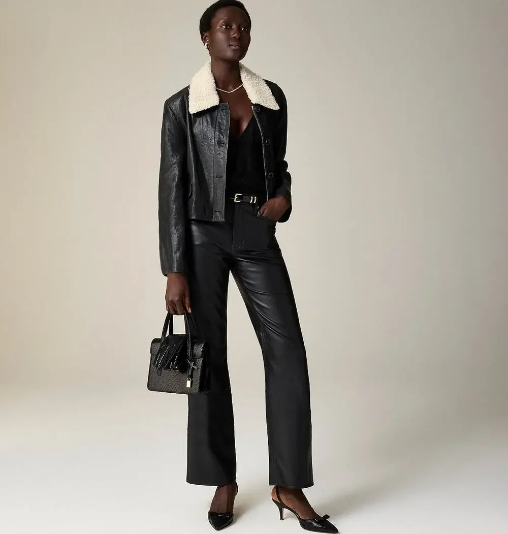 J.Crew Slim Wide Leg Pant Faux Leather Black High Rise Minimalist US 27 NWT